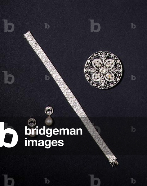 Edwardian diamond and pearl brooch; Cartier diamond bracelet; Edwardian drop-pearl pendant earrings