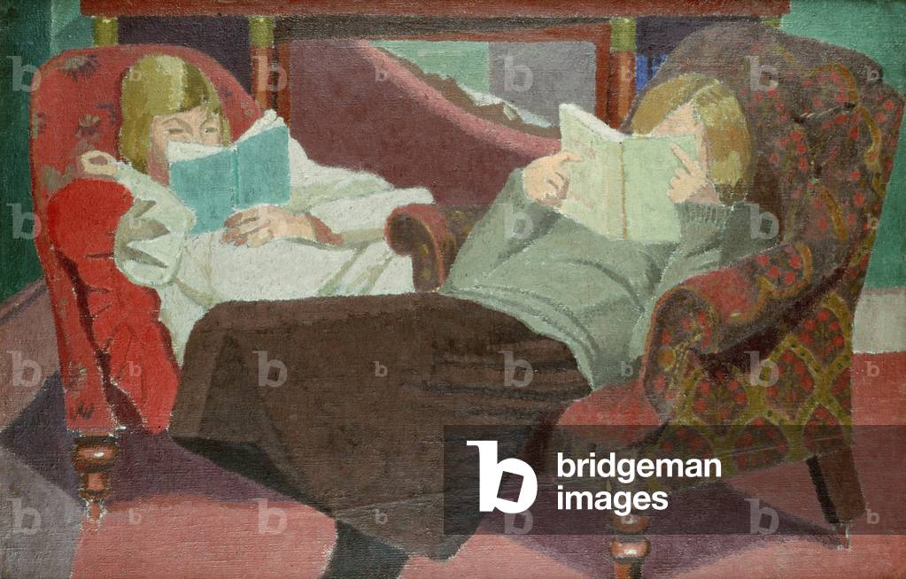 Two Girls Reading (oil on canvas)