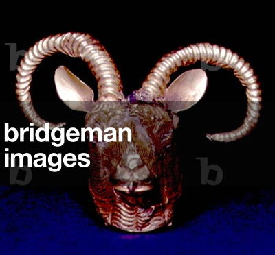 Ram head attachment with curved ribbed horns and chased head with a wire loop in the mouth, possibly for a pendant, Parthian or early Sasanian, c.2nd-3rd century (sheet gold)