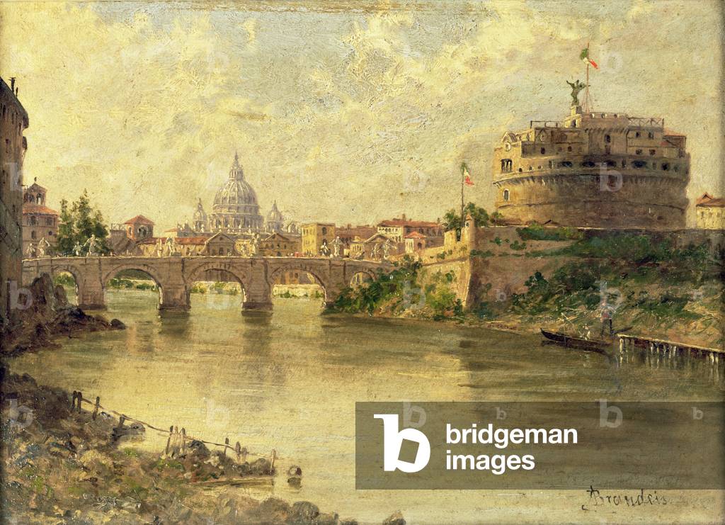 Castel Sant'Angelo and St. Peter's from the Tiber (oil on board)