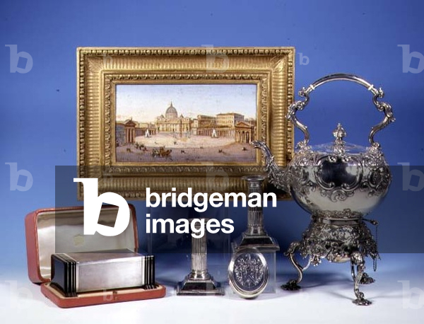 Selection of silver items and objets de vertu: Cartier cased cigarette box, London 1928; 19th century Italian micro mosaic of St. Peter's, Rome; pair of Corinthian column candlesticks, London 1880; William III tobacco box, London 1695; Victorian tea kettle on a stand, London 1863