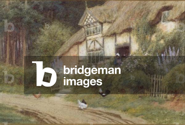 A Young Girl and Chickens by a Cottage (w/c) (one of two)