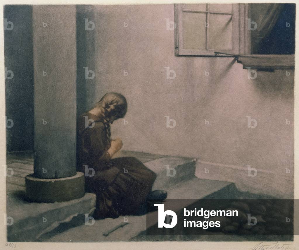 Girl Sitting on the Steps (coloured mezzotint)