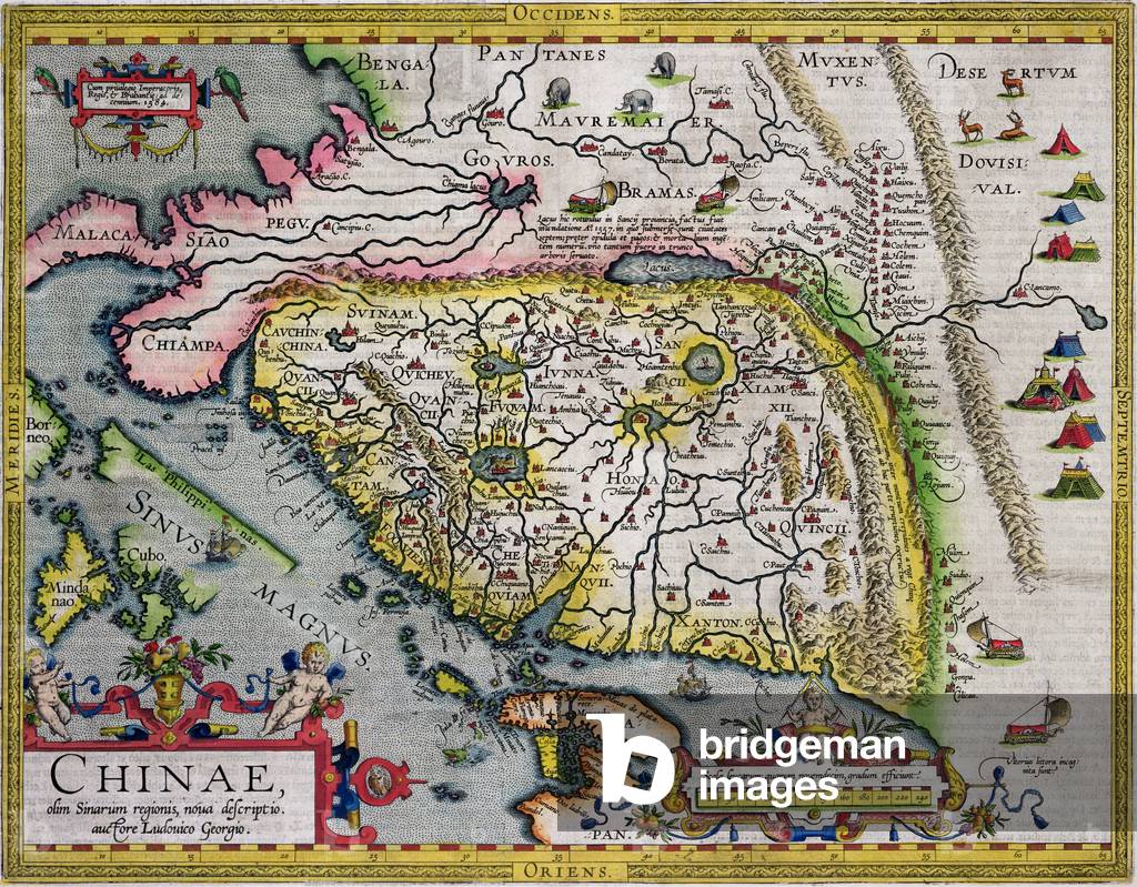 The first western atlas map of China, from the Ortelius Theatrum atlas, 1584 (coloured engraving)