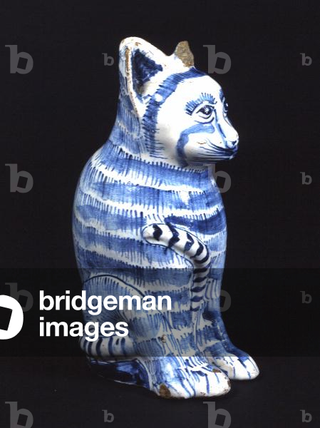 Delft jug in the shape of a sitting cat, probably Southwark, c.1670 (tin-glazed earthenware)