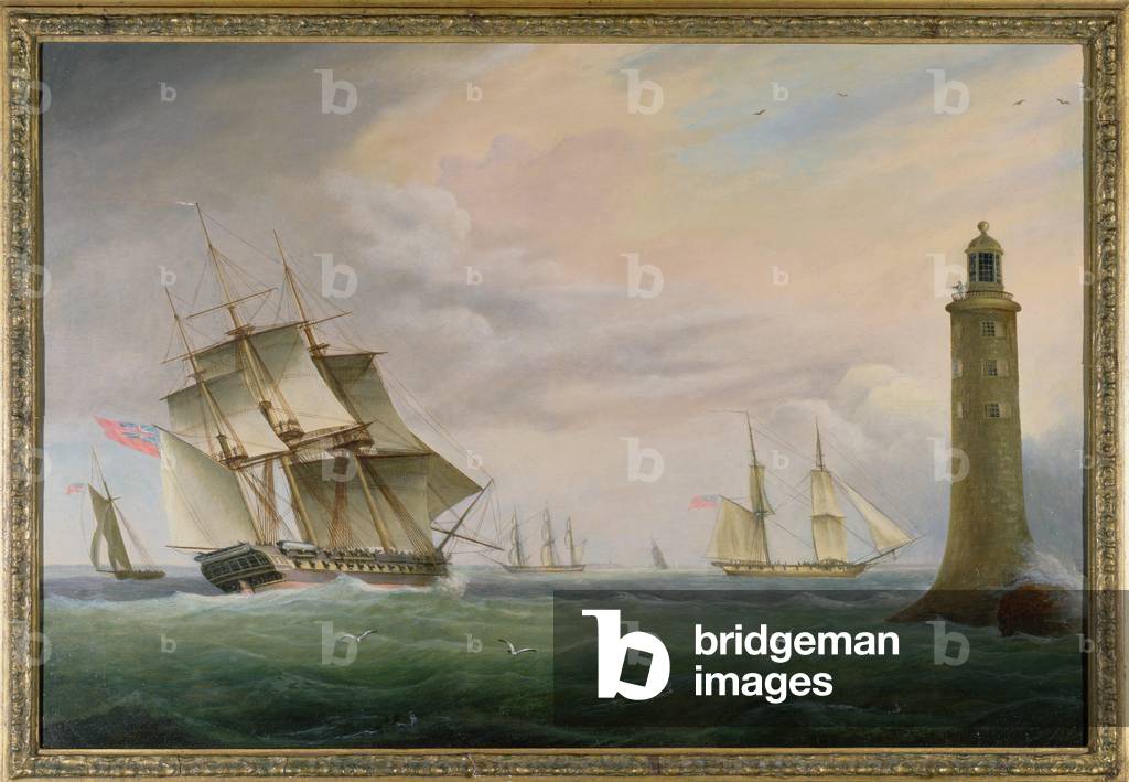 A Frigate and a Naval Brig passing the Eddystone Lighthouse