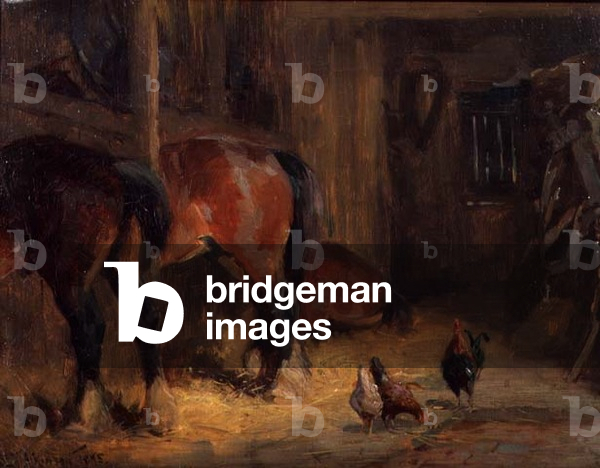 A Stable Interior with Horses and Chickens