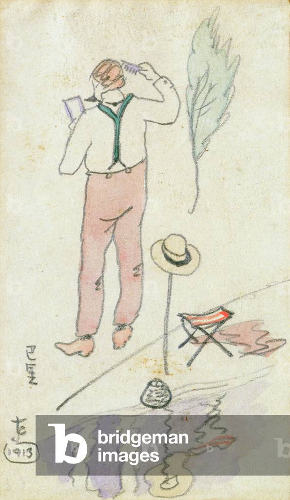 Man combing his hair by a river, 1913 (gouache on paper)