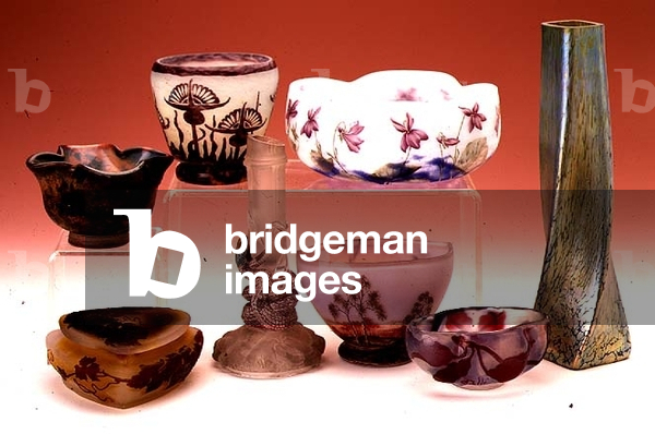 Selection of acid etched and enamelled vases by Galle, Daum and Loetz