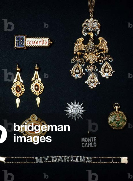 Selection of gold jewellery; enamelled Spanish 'souvenir' brooch; Victorian enamelled pendant earrings and brooch; Italian pearl, enamel and gold pendant; green agate and diamond Monte Carlo charm; Art Nouveau gold and enamel fob watch by Boucheron; diamond 'My Darling' bracelet