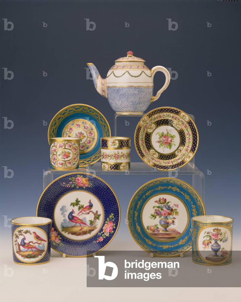 Selection of teapots, plates and cups, c.1770 (porcelain)