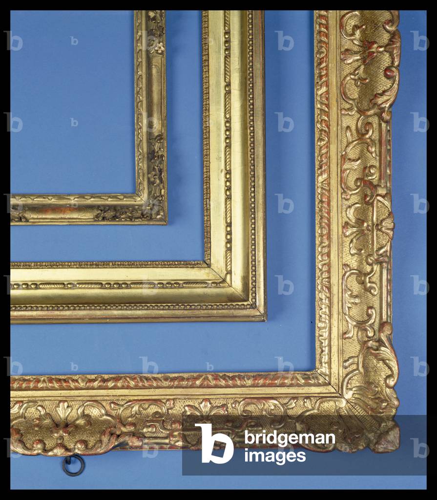Three French carved and gilded frames: Louis XIV frame with acanthus strapwork running to anthemion corners and centres, a foliate sight edge; Louis XVI hollow section frame with bead and reel, shot and tongue carvings; Louis XIV frame with pierced floral corners and an embellished ogee sight edge