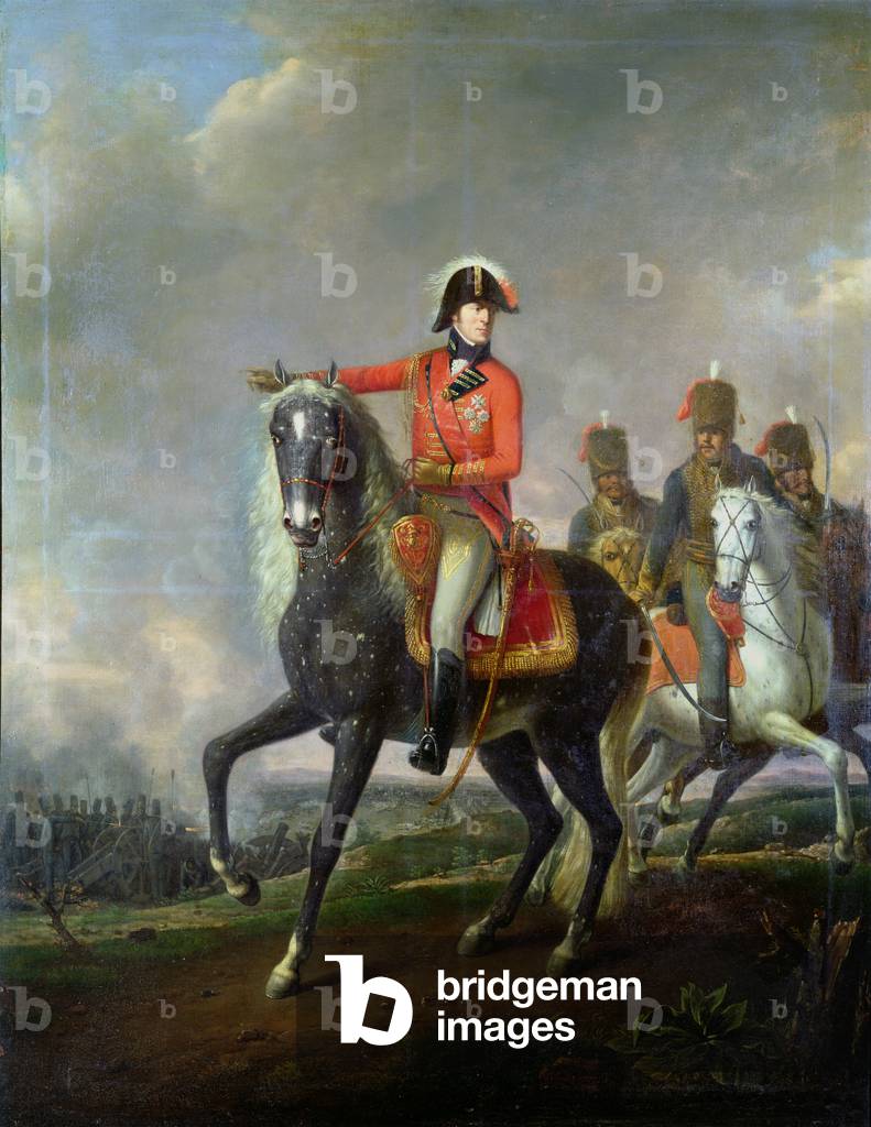 Equestrian portrait of the Duke of Wellington with British Hussars on a battlefield, 1814