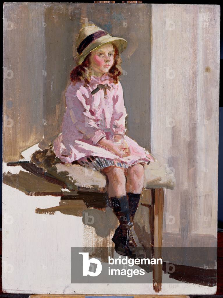 Portrait of a young girl in a pink dress and a straw hat (panel)