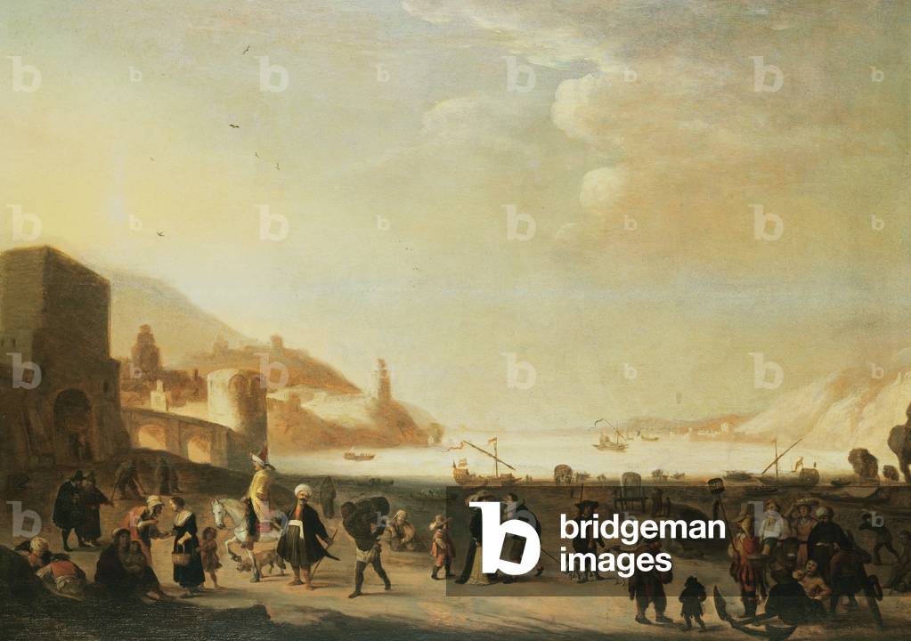 A port with street vendors and peasants in the foreground (panel)