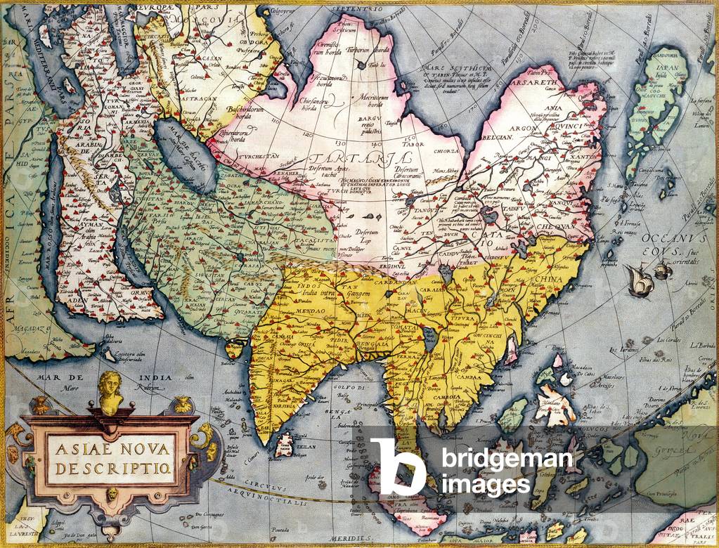 Asia: Map of the continent including Japan and the East Indies with part of New Guinea, c.1580 (coloured engraving)