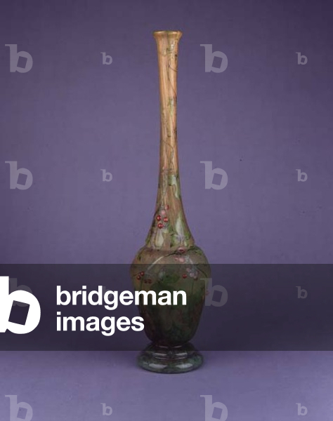 Internally decorated acid-cut vase with green trailing foliage, tendrils and pink berries by Auguste Daum (1853-1909) (incised glass and enamel)