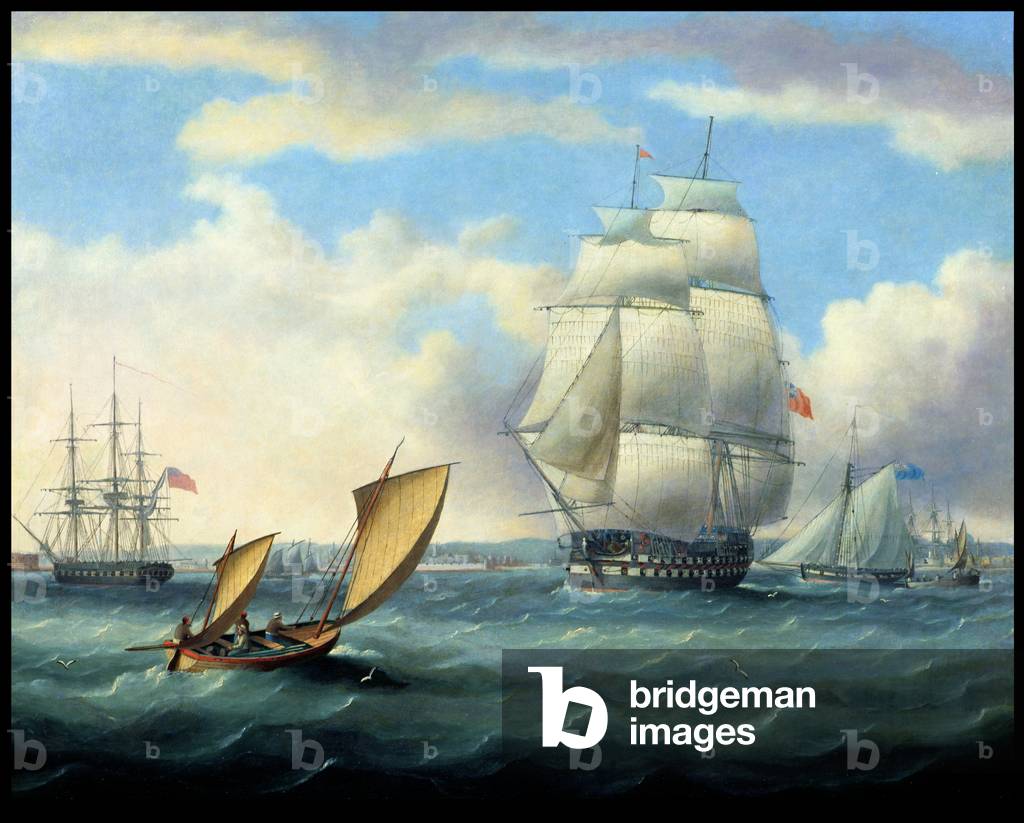 'Euryalus' (Capt. Blackwood), 'Thunderer' and 'Ajax' leaving Plymouth on the way to Cadiz and the Battle of Trafalgar (1805), Lugger in the foreground