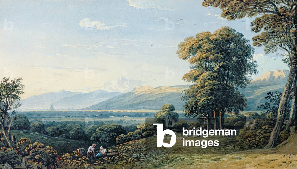 Figures resting on a hillside with a church spire beyond, 1825 (w/c)