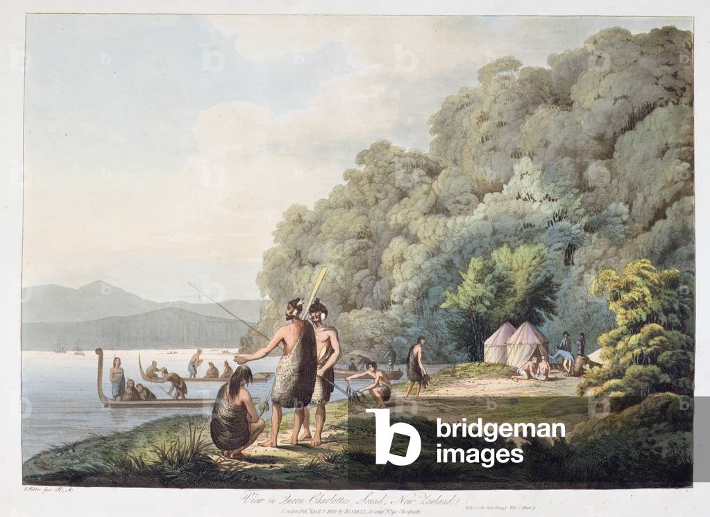 View in Queen Charlotte's Sound, New Zealand, from 'Views in the South Seas', 1809 (hand-coloured aquatint)