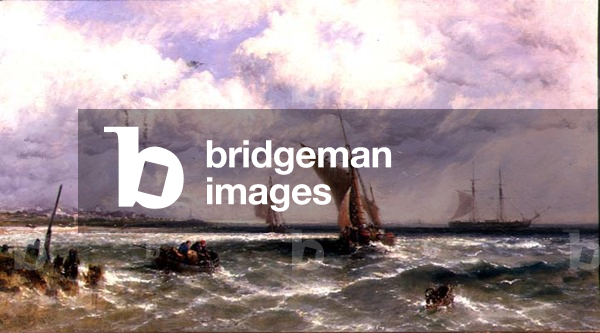 Fishing Boats Coming into Shore with a Two-Master at Anchor Beyond