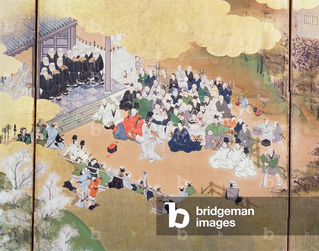 Scenes of urban life under the 'Bakufu' government, from a performance of Noh Drama, Tosa School, 1800, Japanese, (detail from six-fold screen, see 67712), (colour woodblock print)