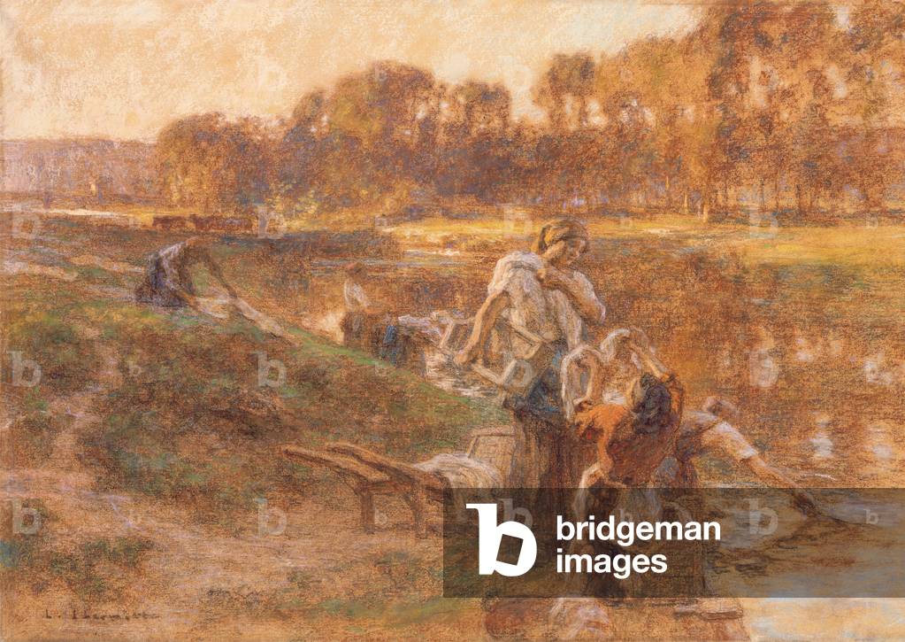 Washerwomen in sunlit river landscape