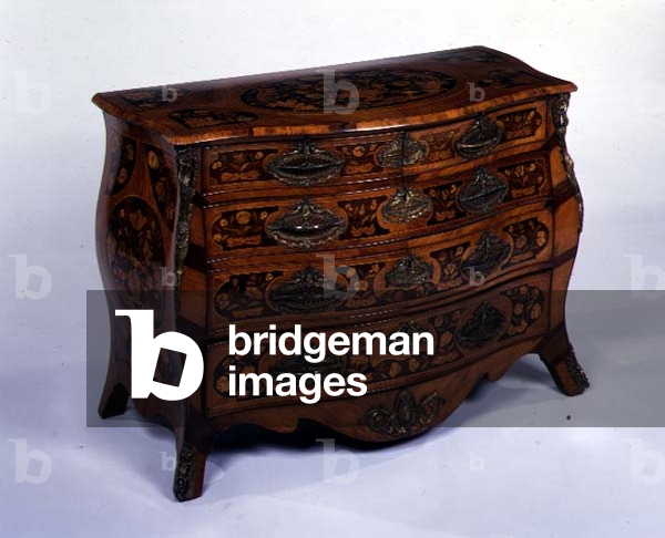 Dutch fruitwood and marquetry bombe commode inlaid with rosewood decoration
