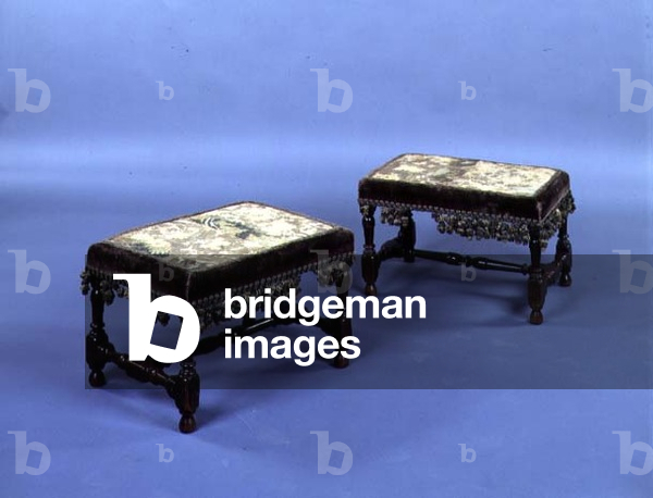 Pair of matching William and Mary stools with floral tapestry upholstered seats on turned legs, c.1700 (walnut and tapestry)