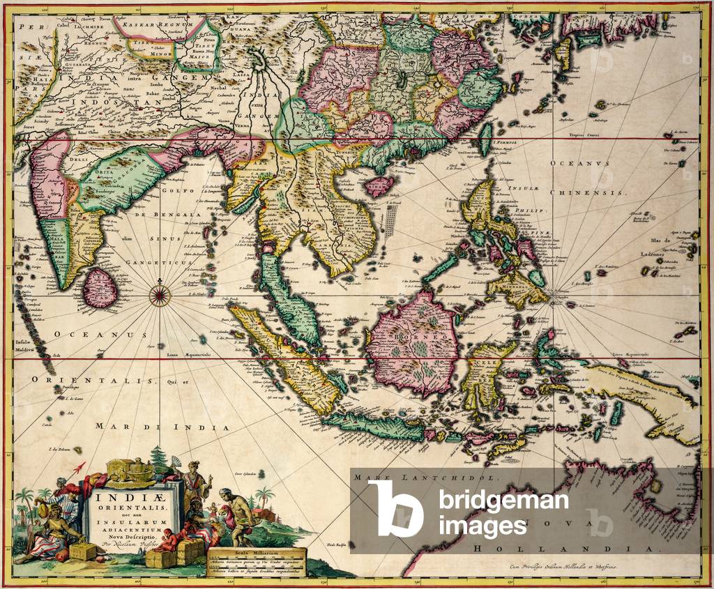 General map extending from India and Ceylon to northwestern Australia by way of southern Japan, the Philippines, the Malay Peninsula and the Indonesian archipelago (coloured engraving)