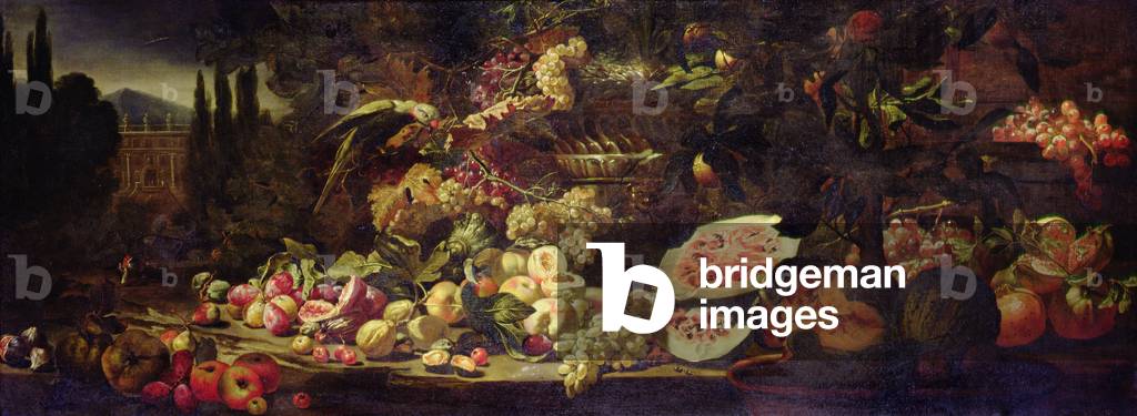 Still life of fruit with a green parrot and a silver vase
