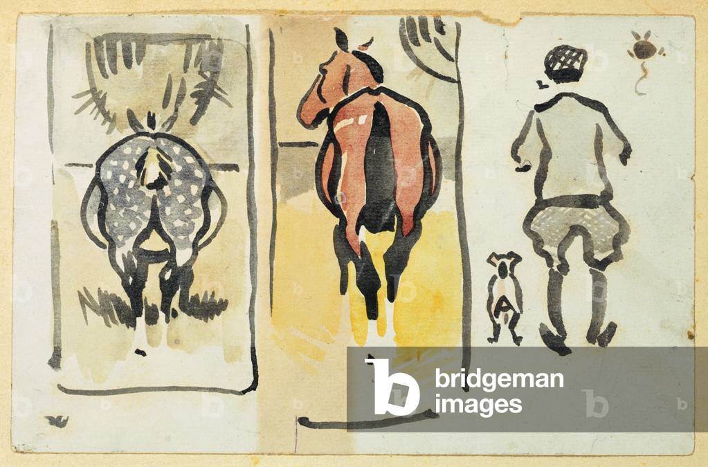 A page from a scrapbook containing 43 sketches (w/c on paper)