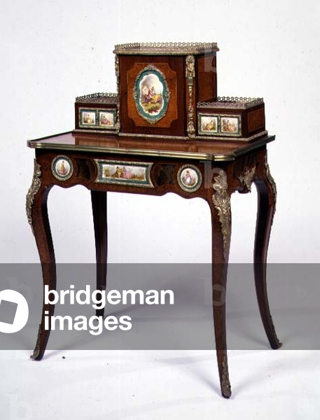 French Style Amboyna and Porcelain Mounted Bonheur du Jour by W. Williamson & Sons, Guildford