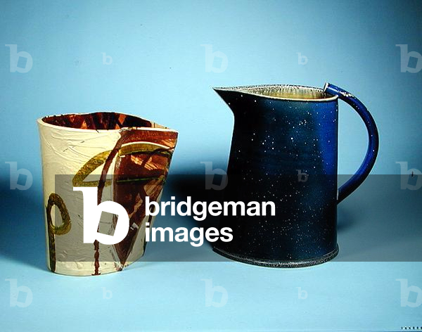 From LtoR a fine porcelaneous vessel form, by Alison Briton (b.1948) and a fine stoneware jug, by Walter Keeler (20th century) (stoneware)