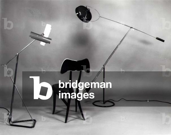 Side Chair with 'wings' back and two floor lamps, possibly by Gino Safatti, 1950s (b/w photo)