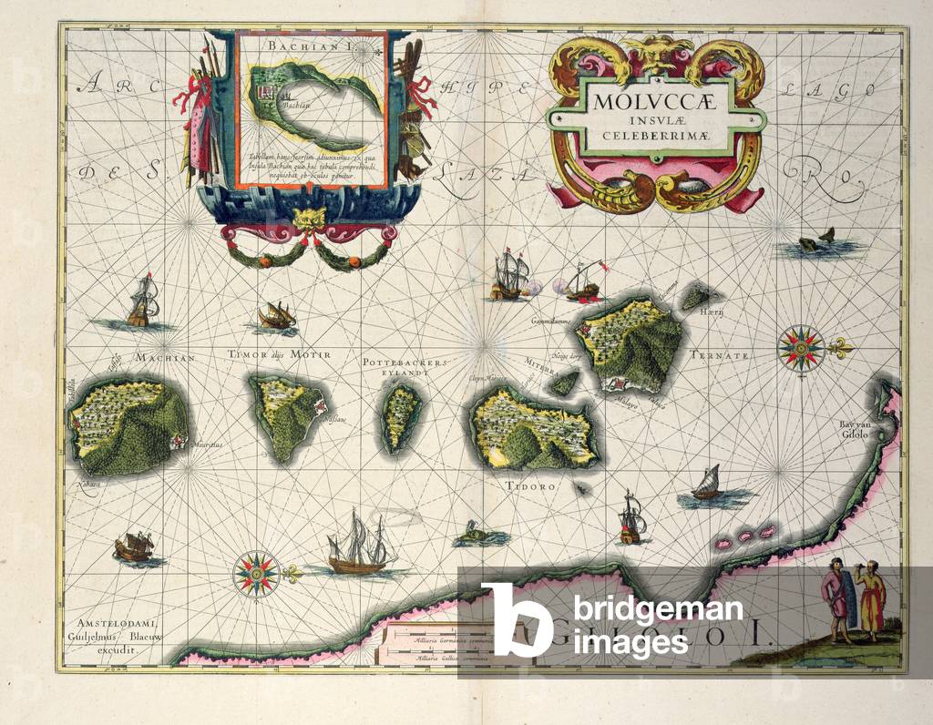 Map showing the Molucca Islands off Halmahera, 1640 (coloured engraving)