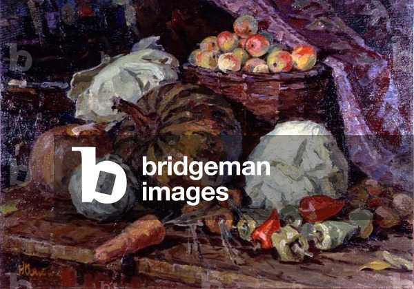 Still life of cabbages, peppers and other vegetables