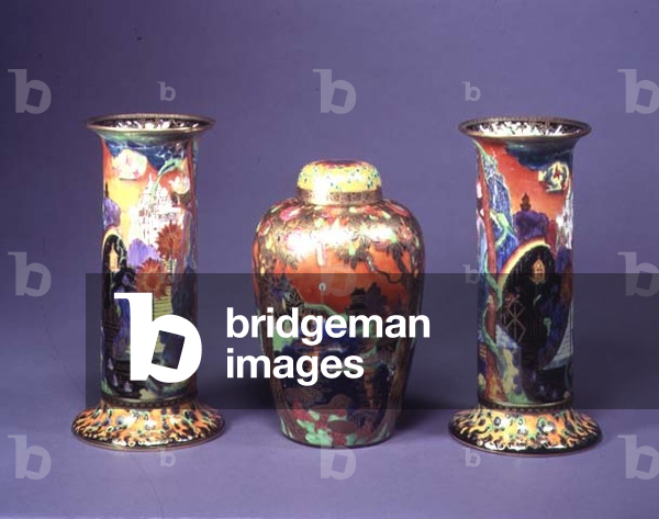 Three Wedgwood flame Fairyland lustre vases, c.1915-21
