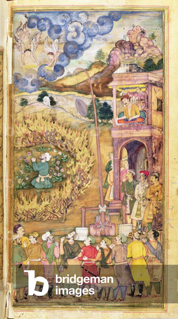 Ibrahim Khalil Praying Within a Circle of Blazing Logs, from the Hadiqat Al-Haqiqat (The Garden of Truth) by Hakim Sana'i, Fifth Miniature, folio 208v, Mughal, 1599-1600 (pen and ink on paper)