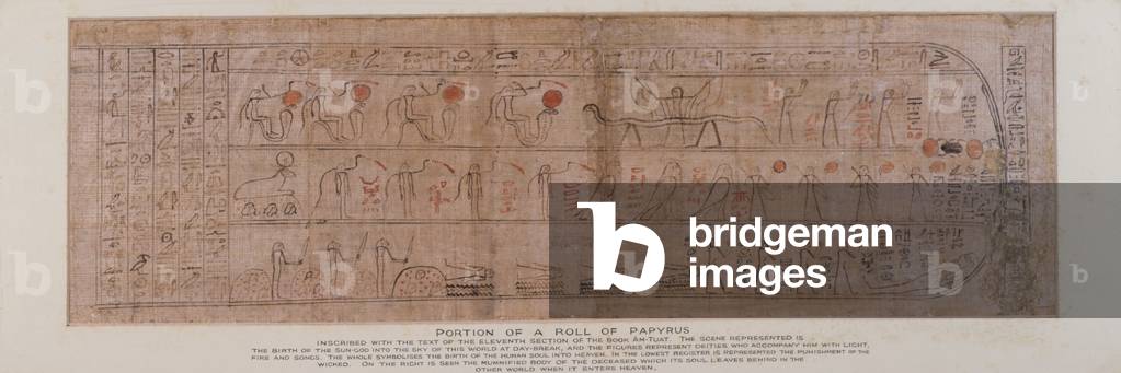 Section of papyrus inscribed with cursive hieroglyphs with the text of the eleventh section of the Book of Amtuat describing the birth of the sun-god into the sky at day-break, found in the plinth of a wooden Ptah-Sokar-Osiris figure (see 83305), Egyptian, 21st-22nd Dynasty, c.900 BC