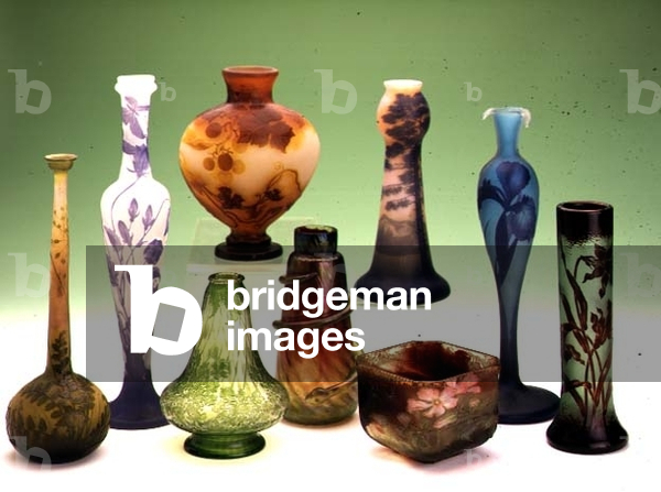 Selection of etched, overlay, enamel and cameo vases by Daum, Galle, Loetz and the Muller Brothers