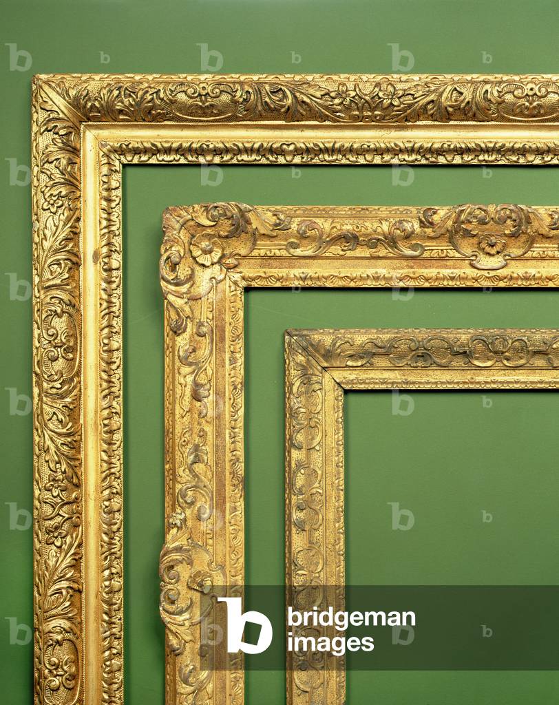 Three English 18th century carved and gilded frames: floral and acanthus scroll carving running to banded corners, scotia and a leaf sight edge; foliate strapwork running to corner and centre cartouches carved with rose patras, a leaf-and-shell sight edge; scrolling strapwork running to acanthus banded corners and a foliate sight edge