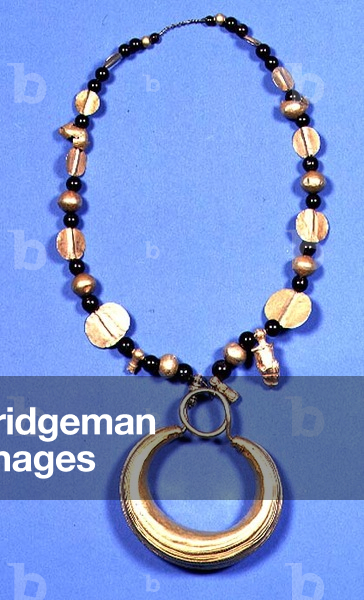 Necklace of flat discs, spherical gold beads, garnet beads and pendants with a large crescent ornament attached by a loop, Iranian, Sasanian Period, c.250-650 AD