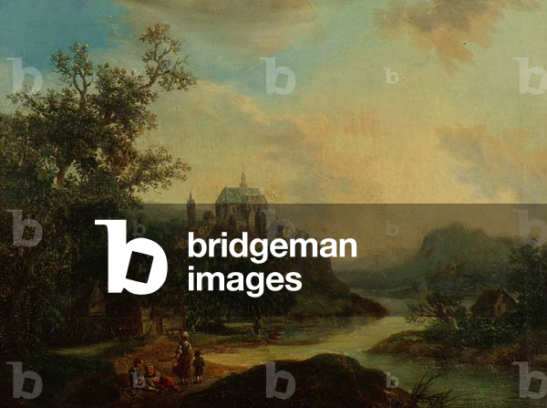 A Rhineland View with Figures in the foreground and a Fortified Town on a Hill Beyond