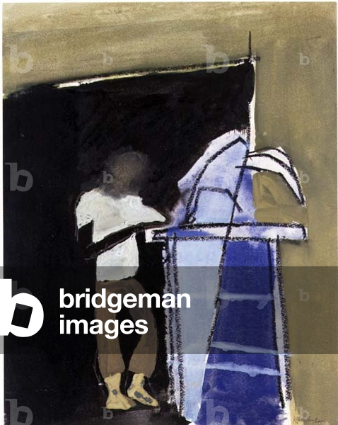 Figure by a Stall (Naples), 1951 (gouache & pastel)