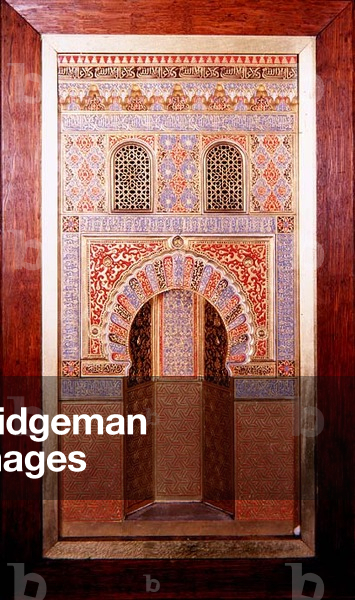 Model in the form of a section of Granada architecture with two windows above a shouldered arch, framed as a corner panel, Hispano-Moresque (painted plaster of Paris)