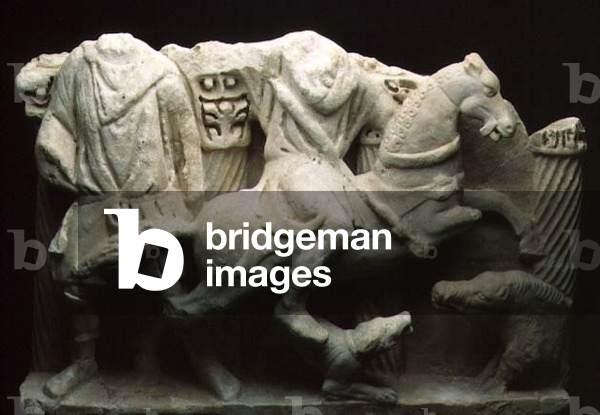 Roman fragmentary relief from a large sarcophagus depicting a boar hunt in high relief, c. 3rd century AD (marble)
