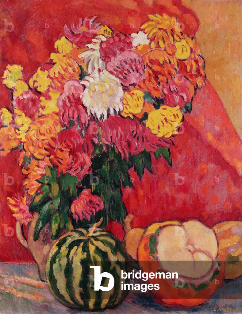 Vase of geraniums with melons