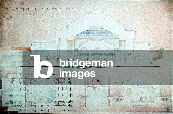 A University Assembly Hall: Plans and sections, 1929 (pencil and watercolour)