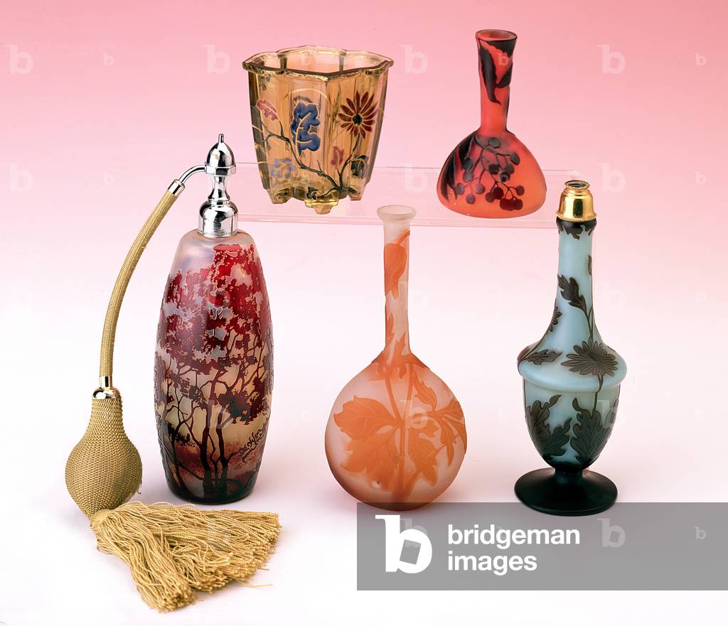 Selection of Galle enamelled and cameo vases and atomisers
